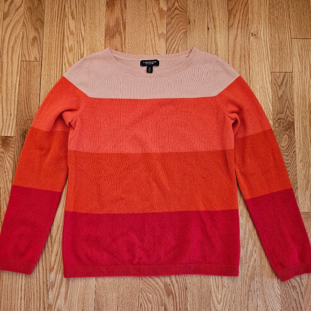 Lands' End Pink/Coral/Orange/Red Color Block Cashmere Crewneck Sweater, S